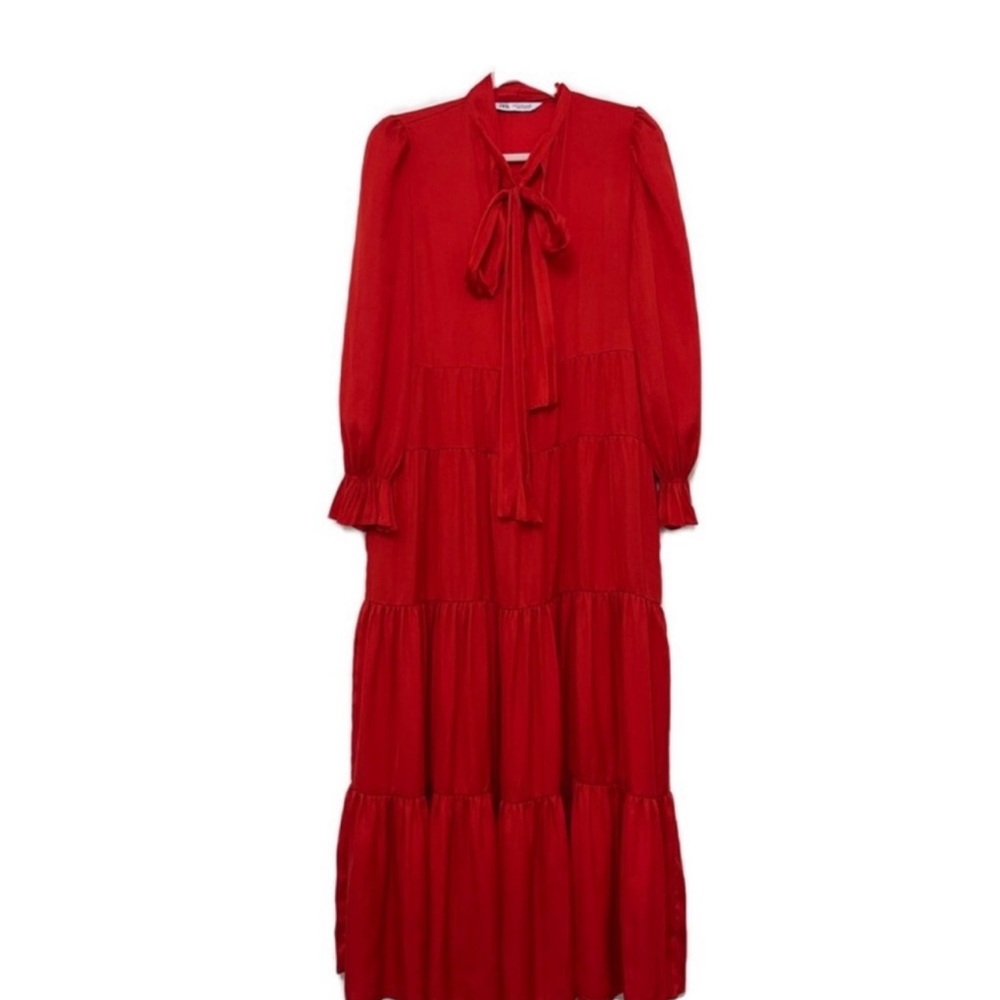 Zara Red Ruffled Tiered Long Sleeve Gown